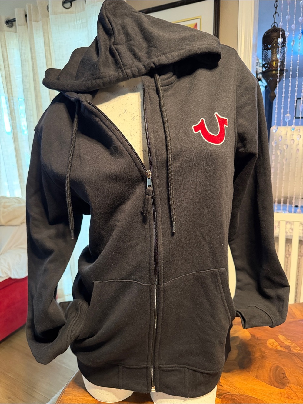 True Religion Black Zip-Up Hoodie with Red Horseshoe Patch